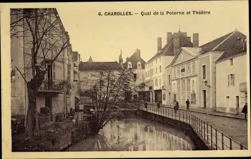 Ak Charolles Saône-et-Loire, Quai de la Poterne et Théâtre