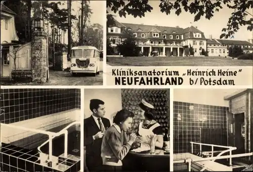 Ak Neu Fahrland Potsdam in Brandenburg, Kliniksanatorium Heinrich Heine, Schwimmbecken, Bus