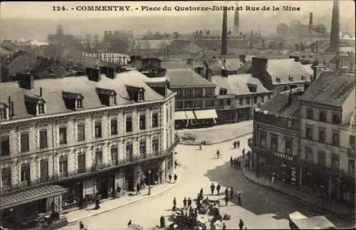 Ak Commentry Allier, Place du Quatorze Juillet et Rue de la Mine