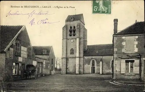 Ak Lailly Loiret, L'Église et la Place