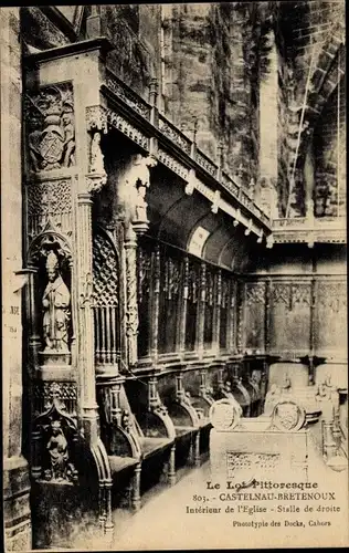 Ak Castelnau Bretenoux Lot, Intérieur de l'Église, Stalle de droite