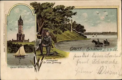 Litho Berlin Wilmersdorf Grunewald, Schildhorn, Kaiser Wilhelm Turm, Jaczow im Dankgebet