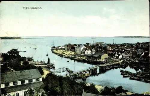 Ak Eckernförde in Schleswig Holstein, Blick auf den Ort, Brücke