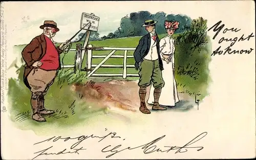Künstler Ak Spaziergänger, dicker Gutsbesitzer weist auf  Landfriedensbruch hin