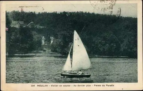 Ak Meulan Yvelines, Voilier en course, Au dernier plan, Ferme du Paradis, Segelboot