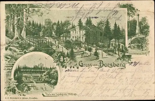 Litho Dresden Schönfeld Weißig, Borsberg, Bergrestaurant, Park, Spielplatz, Gradmessungssäule