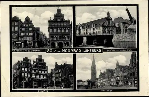 Ak Lüneburg in Niedersachsen, Am Sande, Bäckerstraße, Schütting, Kaufhäuser, alter Krahn