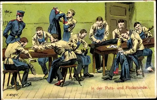 Künstler Ak Merté, O., In der Putz und Flickstunde, nähende Soldaten