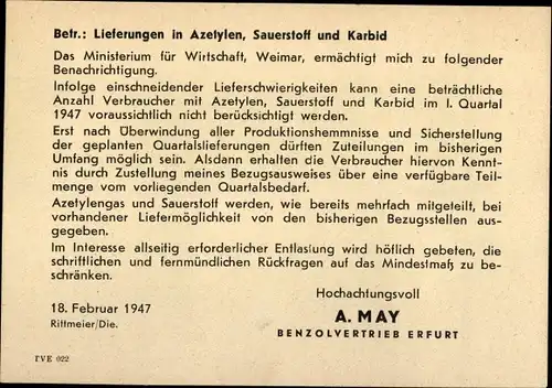 Ak Erfurt in Thüringen, A. May Benzolvertrieb, Krämpferring 26, 50 Jahre, 1946
