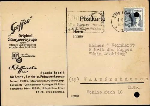 Ak Erfurt in Thüringen, Geffco, Original Stanzwerkzeuge, Bestellkarte