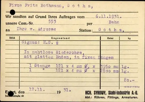 Ak Erfurt in Thüringen, Hch. Syrowy, Stahlindustrie