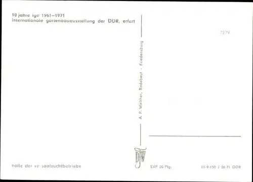 Ak Erfurt in Thüringen, 10 Jahre IGA 1961 bis 1971, Saatzuchtbetriebe