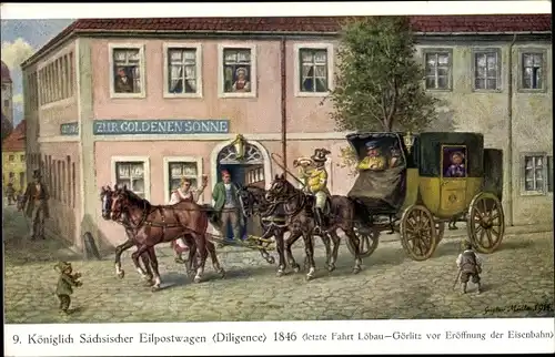 Künstler Ak Müller, Gustav, Königlich Sächsischer Eilpostwagen 1846, Diligence