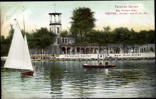 Ak Berlin Treptow, Paradies Garten, Terrasse, Segelboot