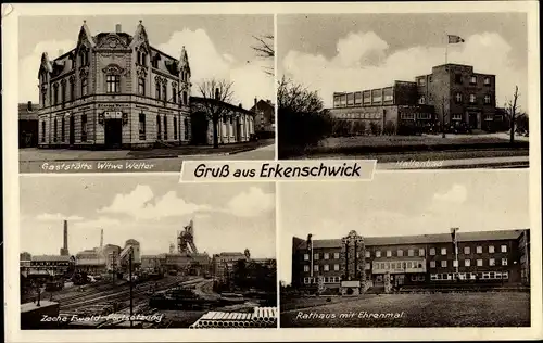 Ak Oer Erkenschwick im Ruhrgebiet, Gaststätte Witwe Wetter, Hallenbad, Zeche Ewald, Rathaus