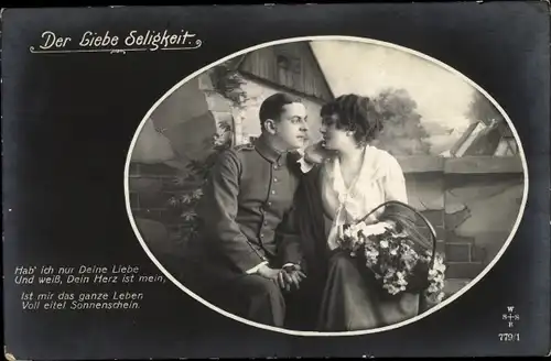 Ak Der Liebe Seligkeit, Soldat mit Partnerin, Blumenkorb