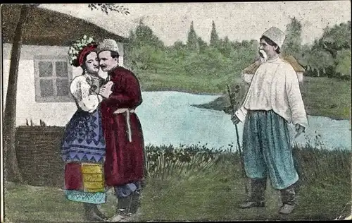 Ak Polnische Bauern in Tracht, Uferpartie