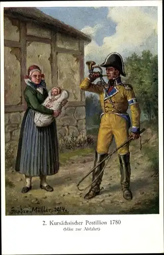 Künstler Ak Müller, Gustav, Kursächsischer Postillion 1780, Frau, Baby