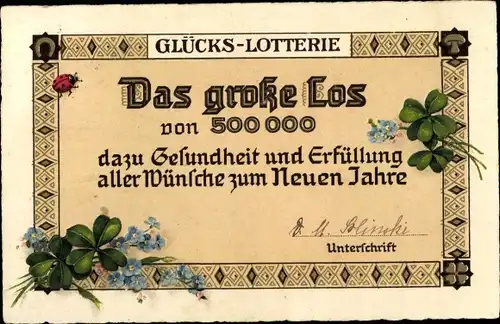 Litho Glückwunsch Neujahr, Glücks Lotterie, Das große Los, Kleeblätter