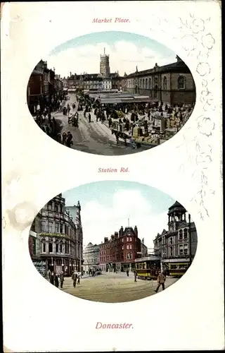 Ak Doncaster Yorkshire England, Market Place, Station Road