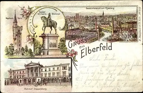 Litho Elberfeld Wuppertal in Nordrhein Westfalen, Totale vom Kiesberg, Bahnhof Döppersberg, Denkmal