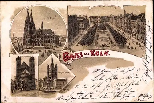 Litho Köln am Rhein, Dom, Kaiser Wilhelmring, St. Gereon, St. Martin