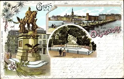 Litho Düsseldorf am Rhein, Kaiser Wilhelm Denkmal, Kriegerdenkmal, Schiffsbrücke