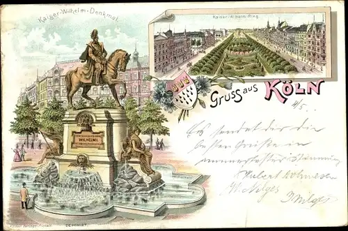 Litho Köln am Rhein, Kaiser Wilhelm Denkmal, Kaiser Wilhelm Ring