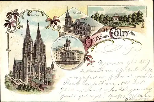 Litho Köln am Rhein, Dom, Rathaus, Friedrich Wilhelm III. Denkmal, Flora