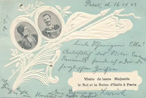 Präge Passepartout Ak Paris, Vittorio Emanuele III., König Viktor Emanuel II, Königin Elena
