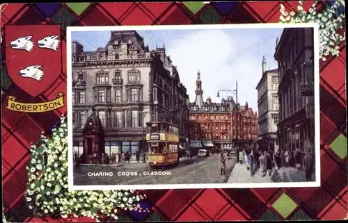 Passepartout Wappen Ak Glasgow Schottland, Charing Cross, Doppelstockbus, Robertson Tartan