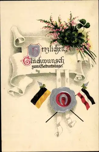 Präge Ak Glückwunsch Geburtstag, Hufeisen, Kaiserreichsfahne, Kleeblätter