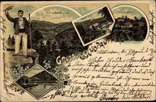 Litho Zschopau im Erzgebirge Sachsen, Wanderer, Wilischtal, Schloss Scharfenstein