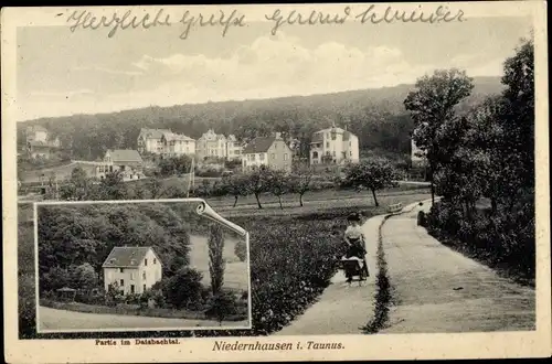 Ak Niedernhausen Taunus, Panorama vom Ort, Partie im Daisbachtal, Pulvermühle