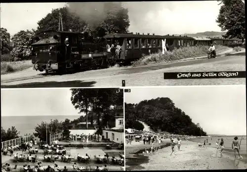 Ak Ostseebad Sellin auf Rügen, Kleinbahn, Freilichtbühne, Fischerstrand