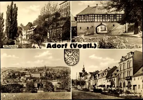 Ak Adorf im Vogtland, Pfortenberg, Freiberger Tor, Ernst Thälmann Platz, Teilansicht, Wappen