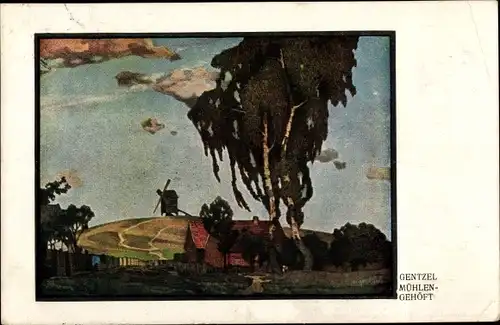 Künstler Ak Gentzel, Mühlengehöft, Windmühle auf einem Hügel