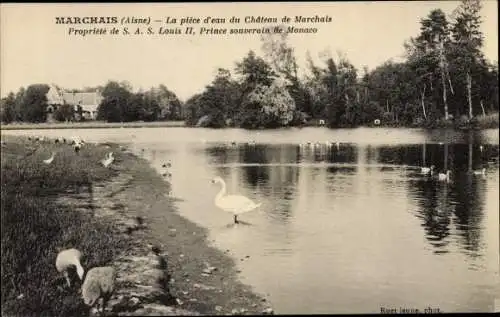 Ak Marchais Aisne, piece d'eau du Chateau, Schwan, Enten