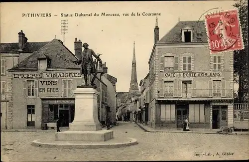 Ak Pithiviers Loire, Satatue Duhamel du Monceau, Rue de la Couronne