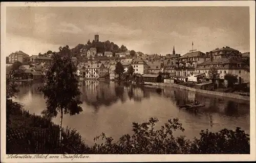 Ak Lobenstein, Blick vom Inselfelsen auf die Stadt, Turm der Burgruine