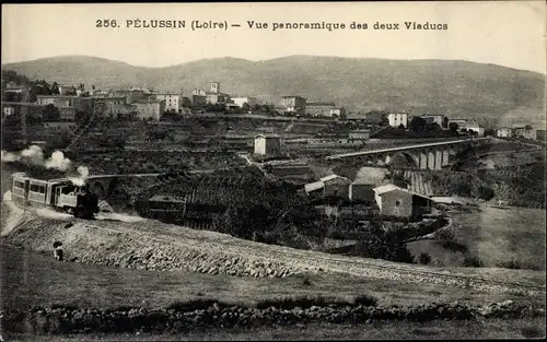 Ak Pelussin Loire, Vue panoramique des deux Viaducs