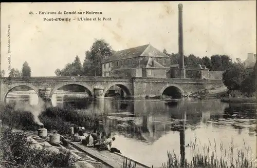 Ak Pont d Ouilly Calvados, L'Usine et le Pont, Brücke