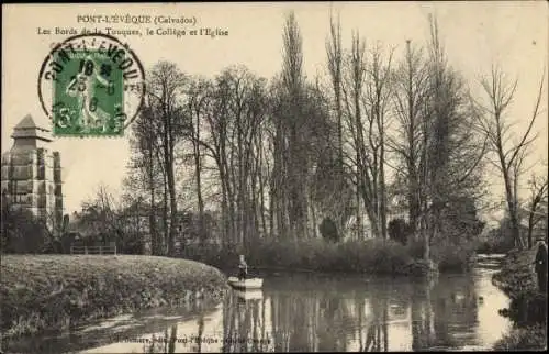 Ak Pont l Eveque Calvados, Les Bords de la Touques, le College et l'Eglise