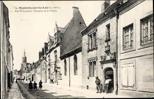 Ak Montoire sur le Loir Loir et Cher, Rue St. Laurent, Hospice, Mairie