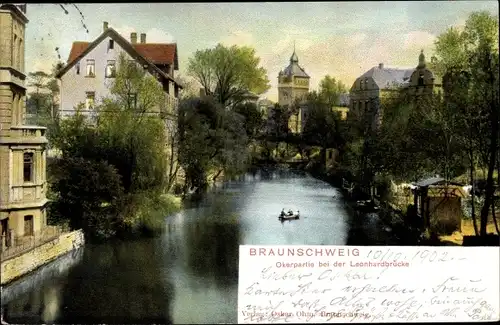 Ak Braunschweig in Niedersachsen, Okerpartie, Leonhardbrücke