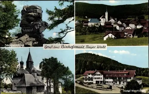 Ak Bischofsmais Niederbayern, Teufelstisch, Panorama vom Ort, St. Hermann Kirche, Hotel Wastlsäge