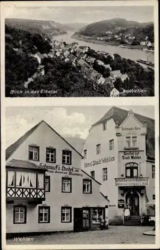 Ak Wehlen an der Elbe Sachsen, Panorama mit Elbetal, Schmuck's Hotel, Gasthof zur Stadt Wehlen