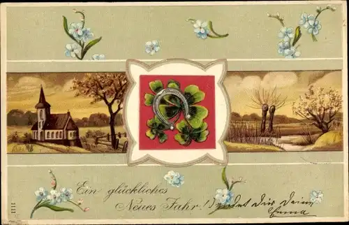 Präge Litho Glückwunsch Neujahr, Kirche, Landschaft, Hufeisen, Kleeblätter