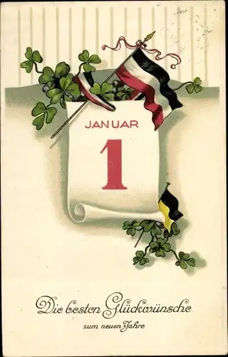Litho Glückwunsch Neujahr, Kalenderblatt 1 Januar, Kleeblätter, Fahne