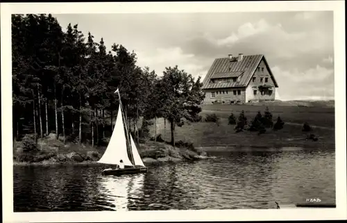 Ak Oelsnitz Vogtland, Strandcafé a. d. Pirker Talsperre, Segeltörn